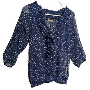 Old Navy Top Women Small Polka Dot Sheer Navy Ruffled Off Shoulder Elastic Neck